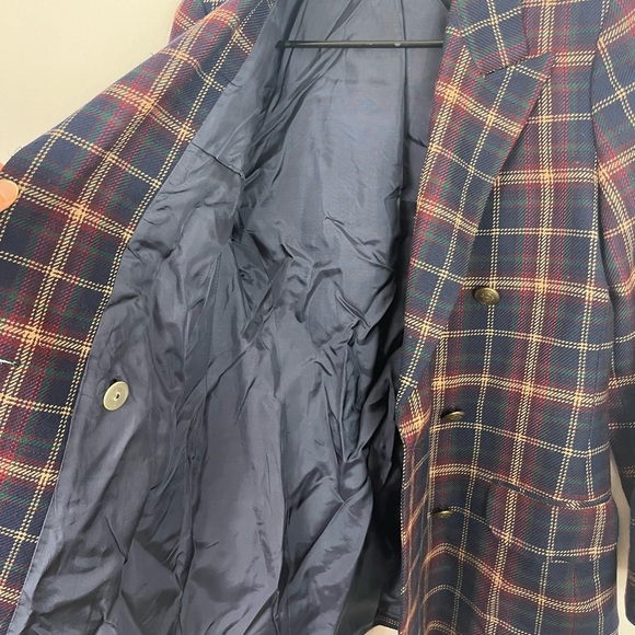 Vintage Marks & Spencer Navy Plaid Double Breasted Wool Jacket Sz 6P - Picture 12 of 13